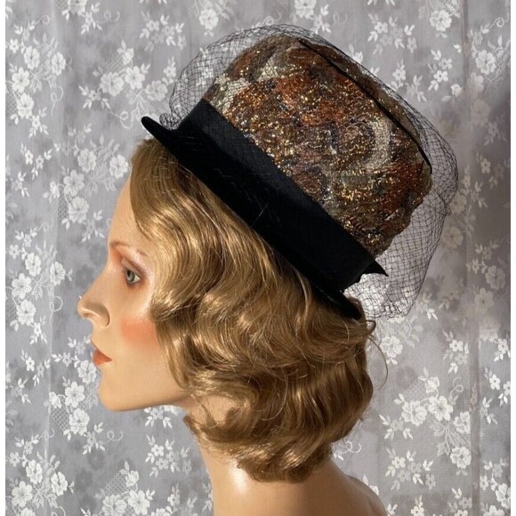 Vintage 60s Cloche Hat 1960s Gold & Black Oversize Pillbox Retro Jackie Kennedy - Picture 2 of 6